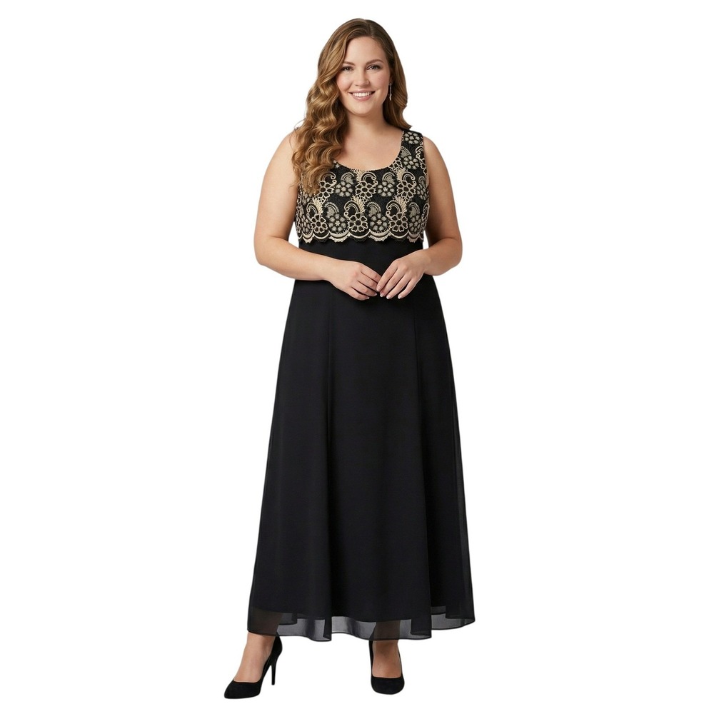 Vintage Black Gold Floral Lace Bodice Maxi Dress Gown Sleeveless Size L Formal